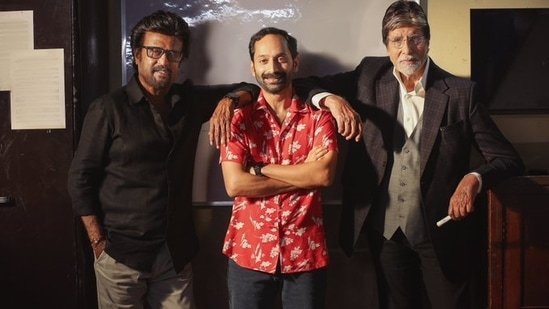 Fahadh Faasil poses with ‘pillars of Indian cinema’ Rajinikanth and Amitabh Bachchan on Vettaiyan set